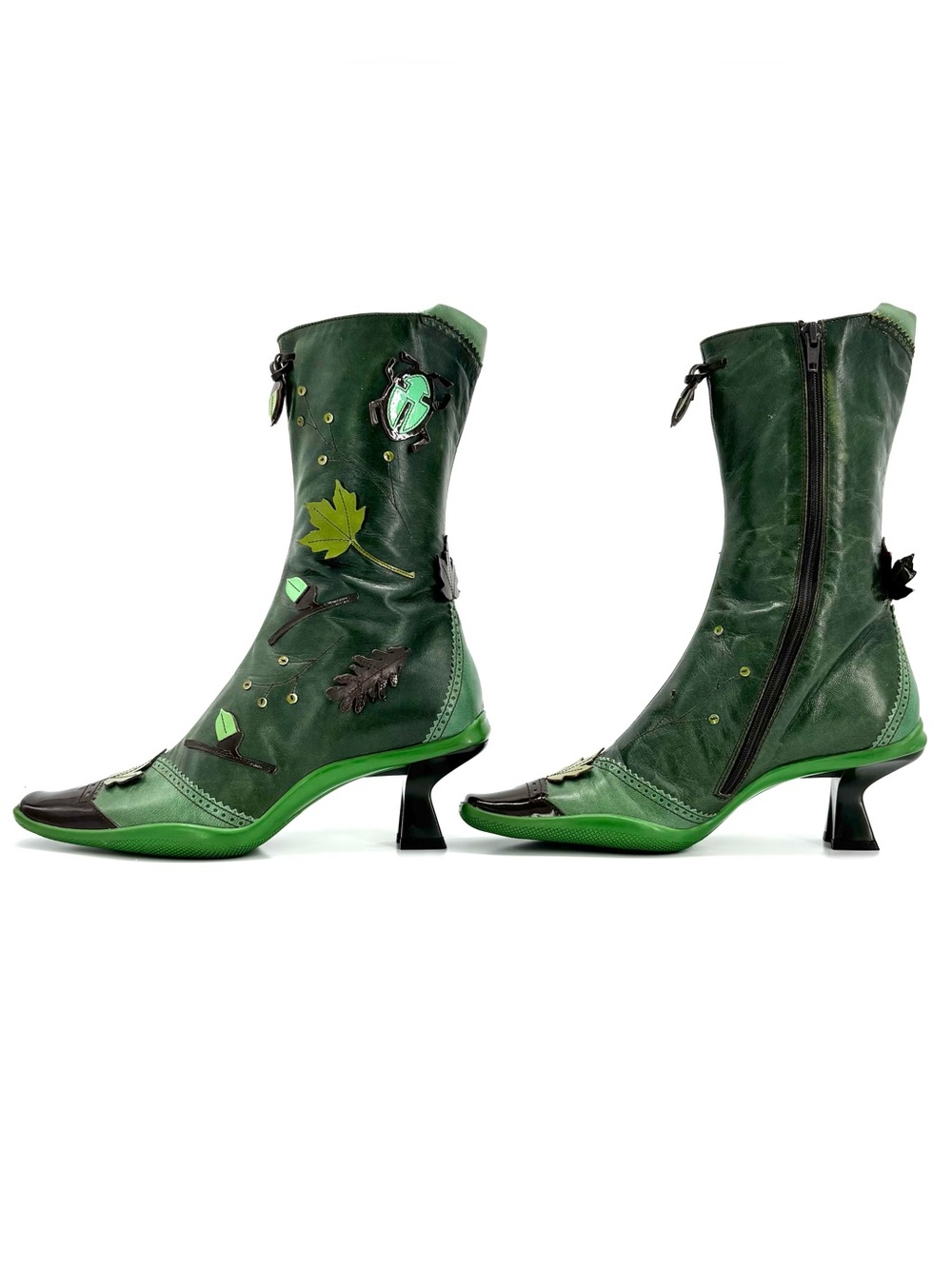 Vintage Prada FW1999 Runway Green Leaves and Bug Applique Leather Boots 38.5 - Picture 5 of 12